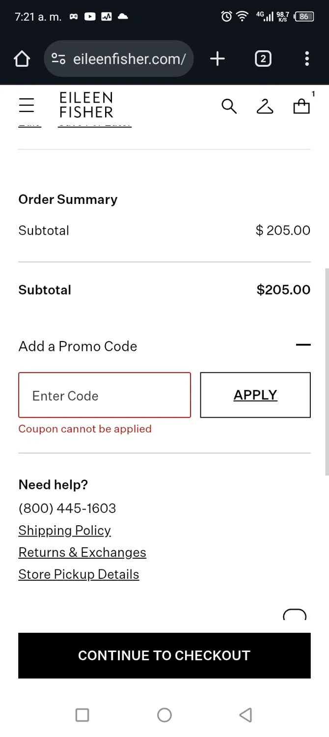 Eileen Fisher promo code screenshot showing code SUMMER25 applied at Eileen Fisher checkout page. Uploaded by SimplyCodes community member CARLOSSLIM on Jun 20, 2025