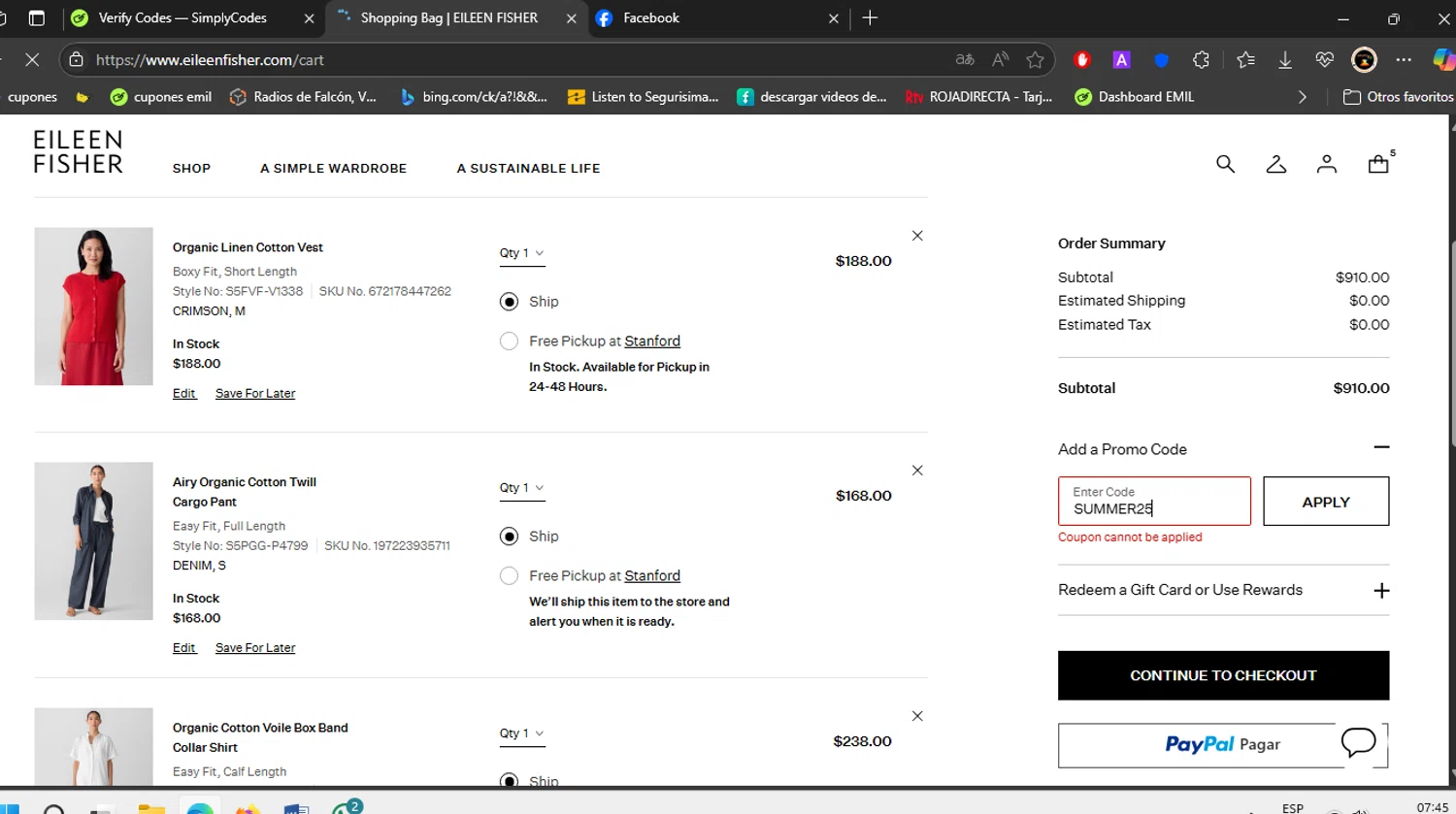 Eileen Fisher promo code screenshot showing code SUMMER25 applied at Eileen Fisher checkout page. Uploaded by SimplyCodes community member EJL_MIQUILENA on Jun 20, 2025