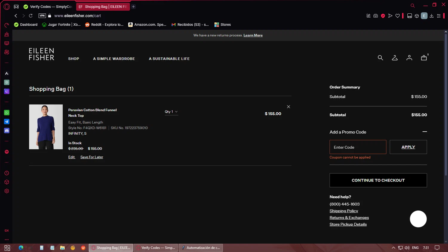 Eileen Fisher checkout page showing Eileen Fisher promo code box | Screenshot taken by SimplyCodes community member on Mar 7, 2025