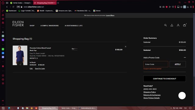 Eileen Fisher checkout page showing Eileen Fisher promo code box | Screenshot taken by SimplyCodes community member on Mar 7, 2025