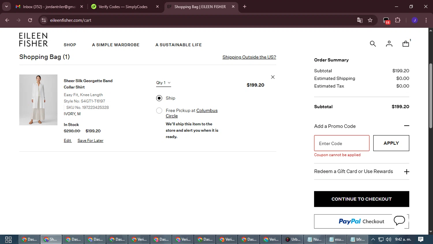 Eileen Fisher promo code screenshot showing code JUST4U applied at Eileen Fisher checkout page. Uploaded by SimplyCodes community member LegendaryLegend9872 on Sep 18, 2025