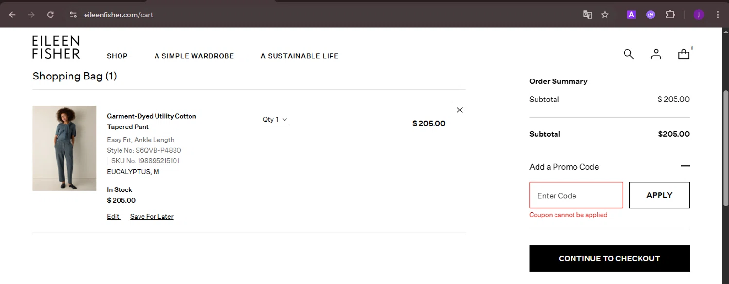 Eileen Fisher promo code screenshot showing code fresh25 applied at Eileen Fisher checkout page. Uploaded by SimplyCodes community member CoinMaverick1452 on Dec 29, 2025