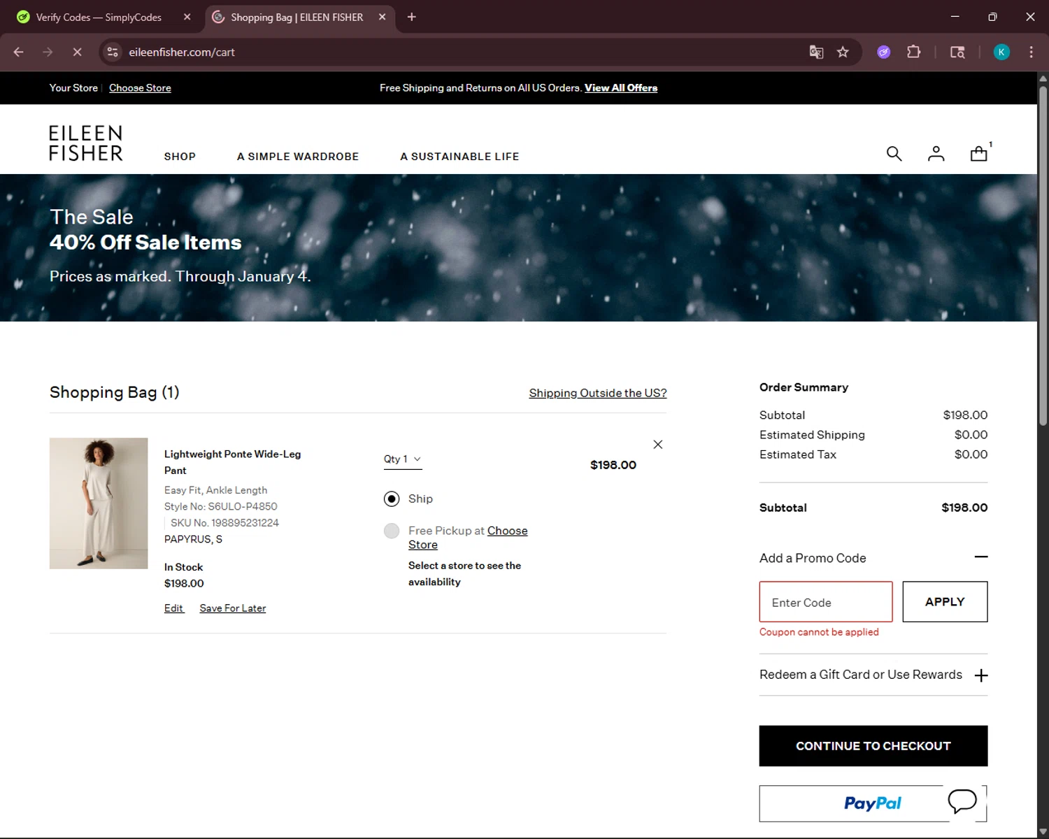 Eileen Fisher promo code screenshot showing code fresh25 applied at Eileen Fisher checkout page. Uploaded by SimplyCodes community member VoucherSleuth3236 on Dec 29, 2025