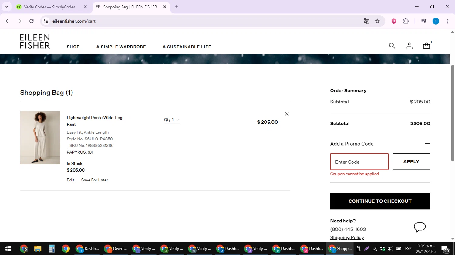 Eileen Fisher promo code screenshot showing code fresh25 applied at Eileen Fisher checkout page. Uploaded by SimplyCodes community member hankt1521 on Dec 29, 2025