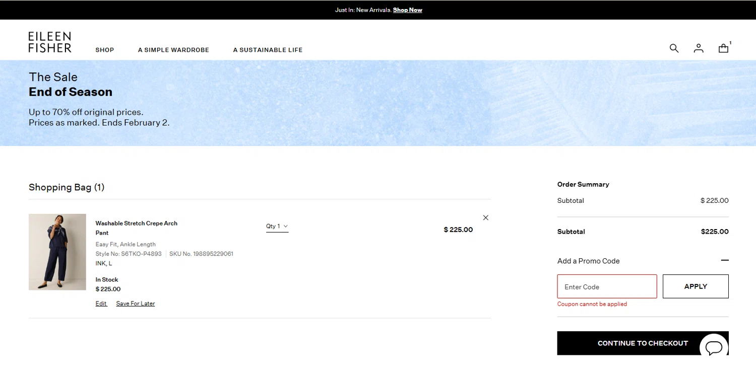 Eileen Fisher promo code screenshot showing code NEW25 applied at Eileen Fisher checkout page. Uploaded by SimplyCodes community member Alydrop on Jan 20, 2026