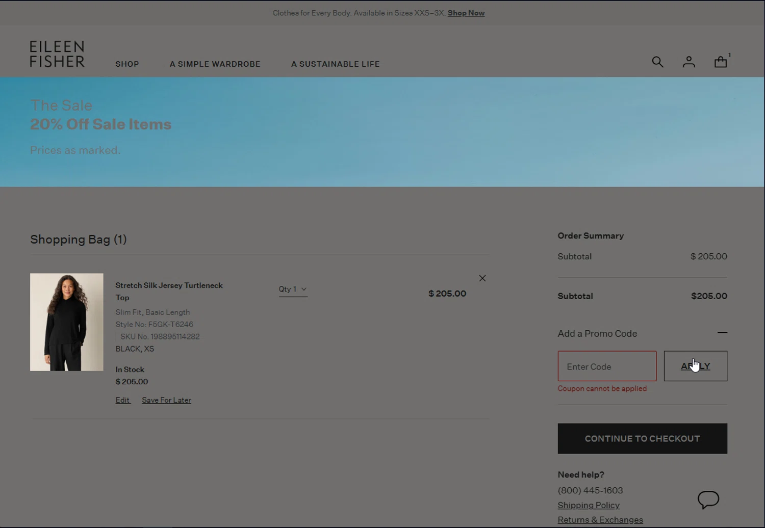 Eileen Fisher promo code screenshot showing code NEW25 applied at Eileen Fisher checkout page. Uploaded by SimplyCodes community member IFeelGood3 on Oct 23, 2025