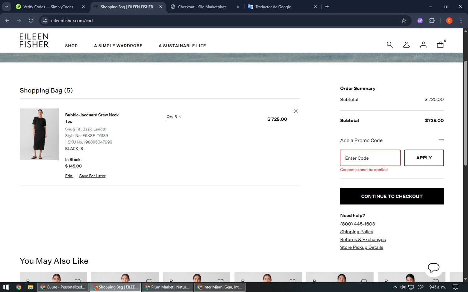 Eileen Fisher checkout page showing Eileen Fisher promo code box | Screenshot taken by SimplyCodes community member on Jul 24, 2025