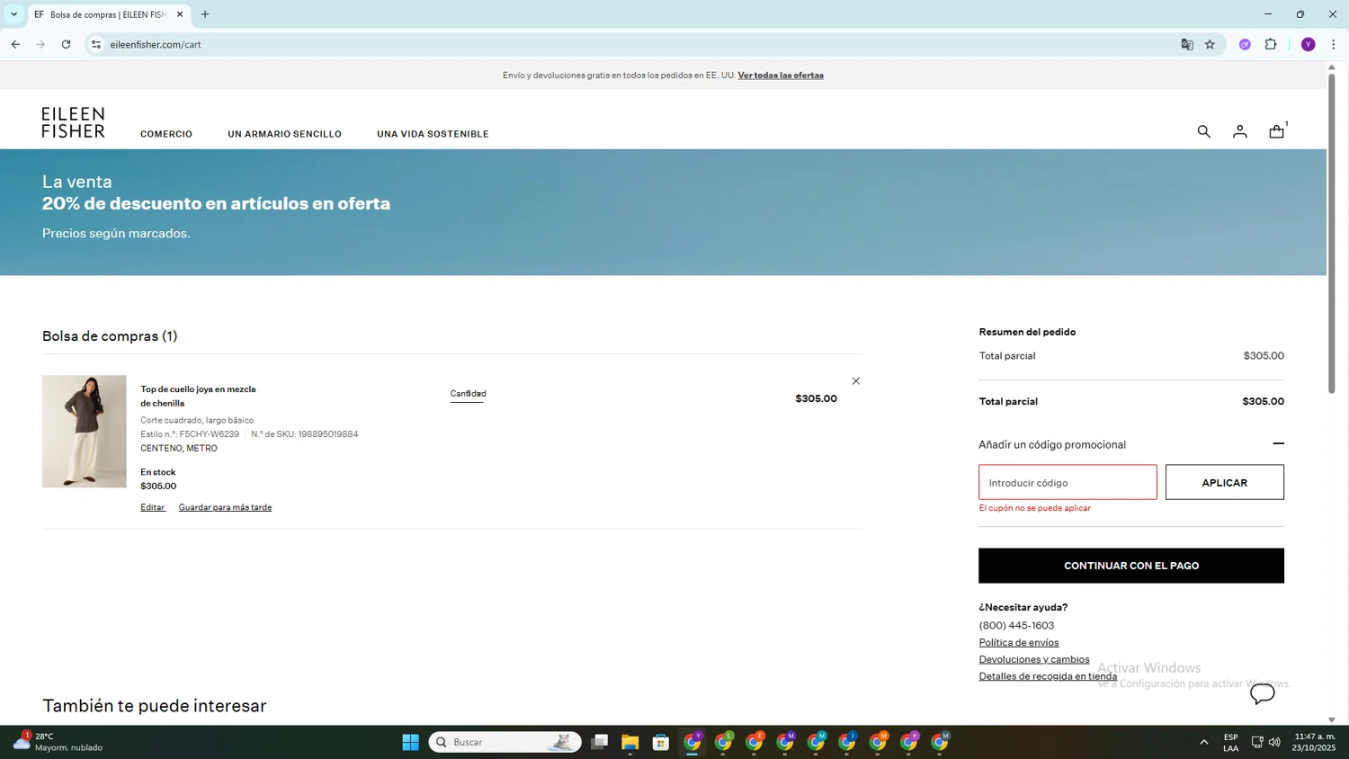 Eileen Fisher promo code screenshot showing code NEW25 applied at Eileen Fisher checkout page. Uploaded by SimplyCodes community member TokenSeeker1333 on Oct 23, 2025