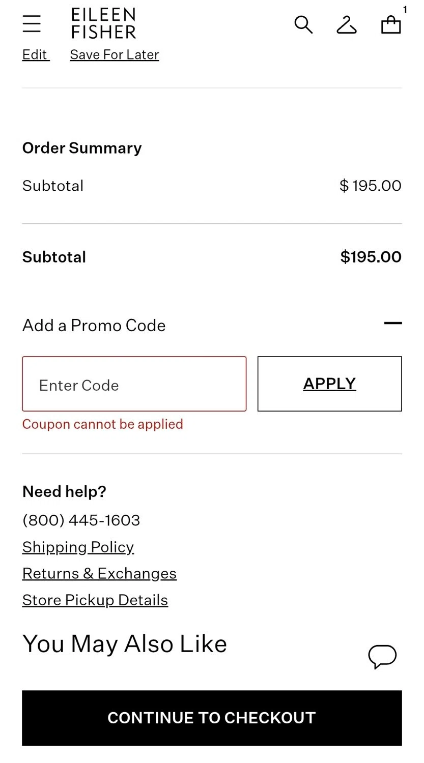Eileen Fisher promo code screenshot showing code NEW25 applied at Eileen Fisher checkout page. Uploaded by SimplyCodes community member WiseCaptain5299 on Jul 24, 2025