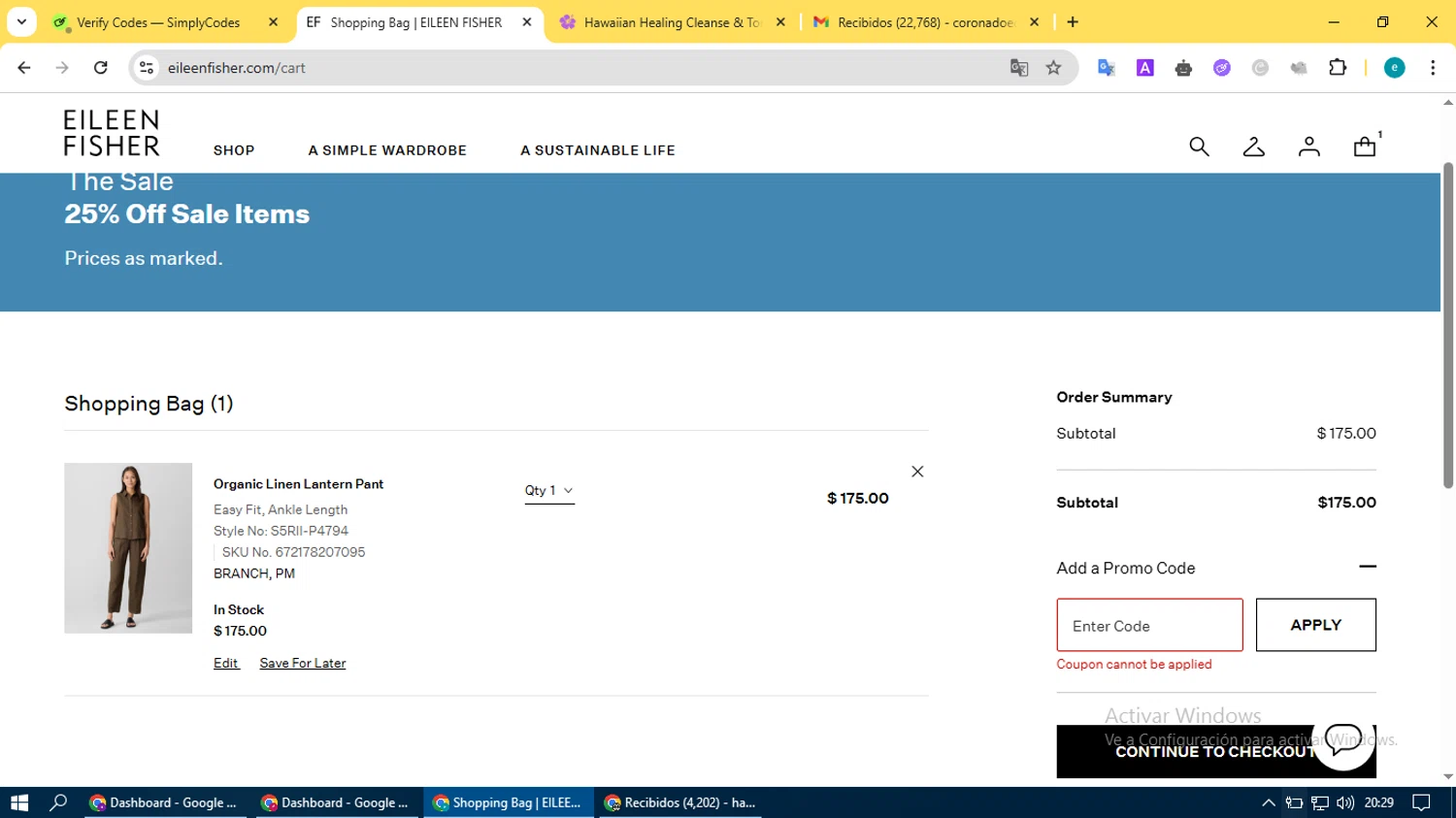 Eileen Fisher checkout page showing Eileen Fisher promo code box | Screenshot taken by SimplyCodes community member on Apr 27, 2025