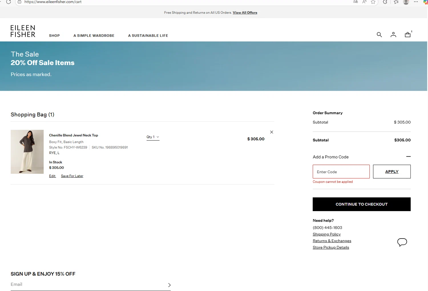 Eileen Fisher promo code screenshot showing code NEW25 applied at Eileen Fisher checkout page. Uploaded by SimplyCodes community member holasfosi on Oct 23, 2025