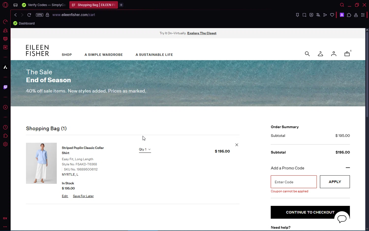 Eileen Fisher promo code screenshot showing code NEW25 applied at Eileen Fisher checkout page. Uploaded by SimplyCodes community member number_1 on Jul 24, 2025