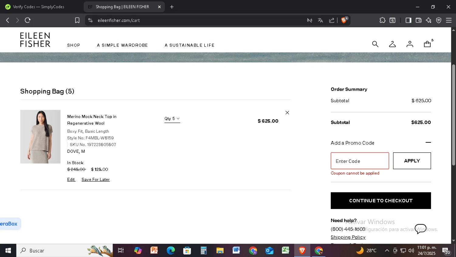 Eileen Fisher promo code screenshot showing code NEW50 applied at Eileen Fisher checkout page. Uploaded by SimplyCodes community member CrownLegend5803 on Jul 25, 2025
