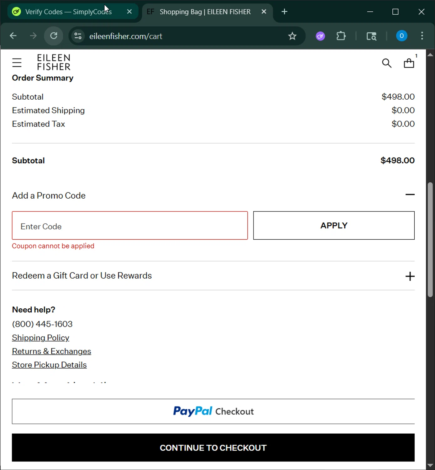 Eileen Fisher promo code screenshot showing code SIMPLE25 applied at Eileen Fisher checkout page. Uploaded by SimplyCodes community member GoldChaser6627 on Aug 21, 2025