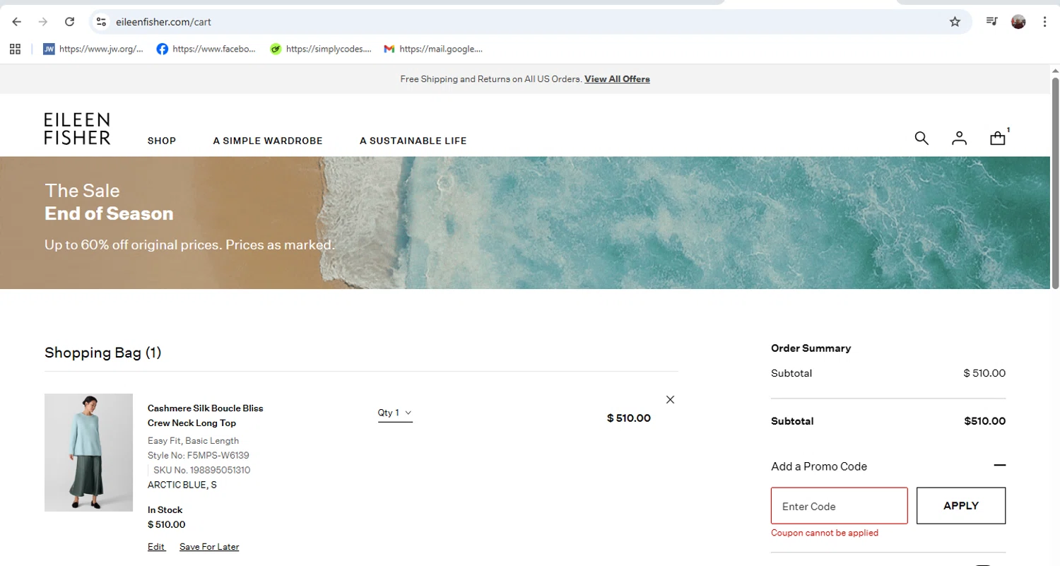 Eileen Fisher promo code screenshot showing code SIMPLE25 applied at Eileen Fisher checkout page. Uploaded by SimplyCodes community member MarinaDelgado on Aug 21, 2025