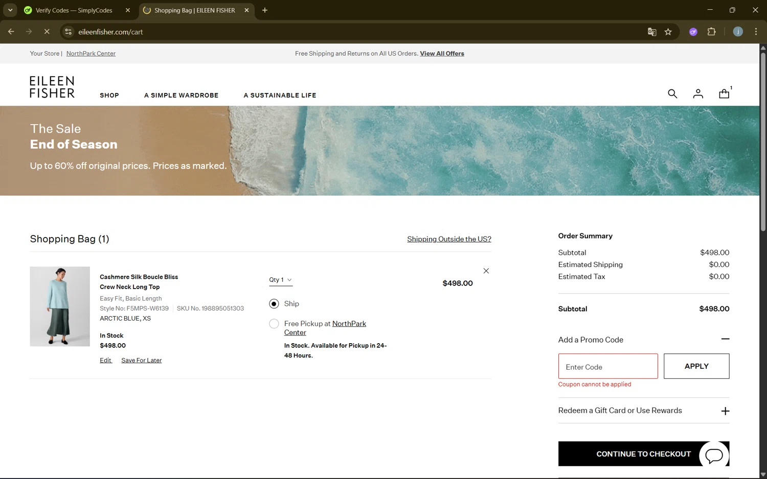 Eileen Fisher promo code screenshot showing code SIMPLE25 applied at Eileen Fisher checkout page. Uploaded by SimplyCodes community member frijolito on Aug 21, 2025