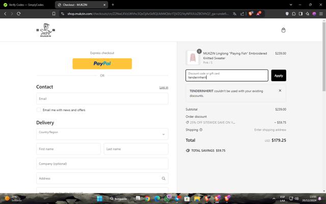 Eileen Fisher checkout page showing Eileen Fisher promo code box | Screenshot taken by SimplyCodes community member on Dec 21, 2024