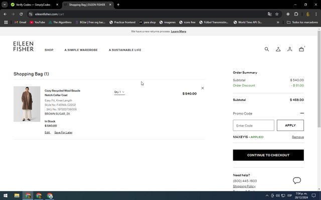 Eileen Fisher checkout page showing Eileen Fisher promo code box | Screenshot taken by SimplyCodes community member on Dec 20, 2024