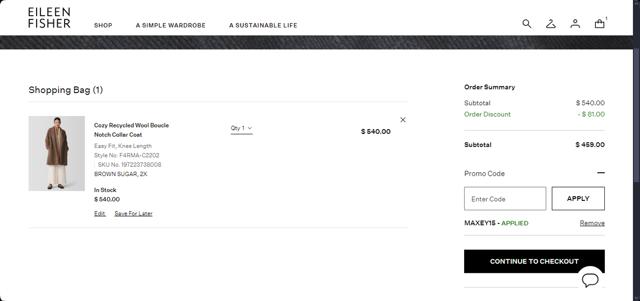 Eileen Fisher checkout page showing Eileen Fisher promo code box | Screenshot taken by SimplyCodes community member on Dec 31, 2024