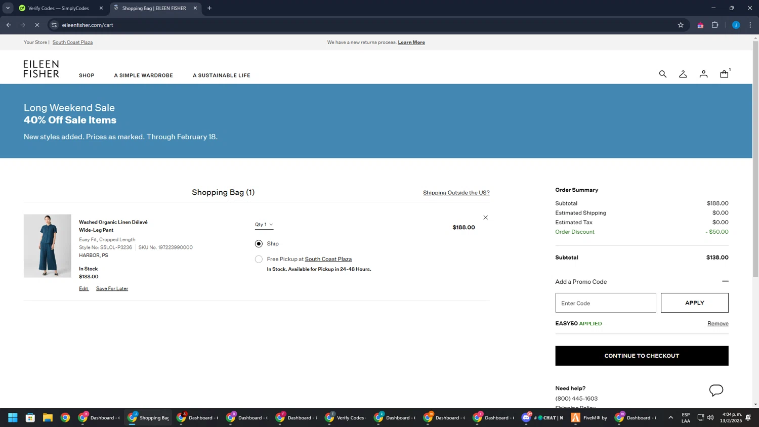 Eileen Fisher checkout page showing Eileen Fisher promo code box | Screenshot taken by SimplyCodes community member on Feb 13, 2025