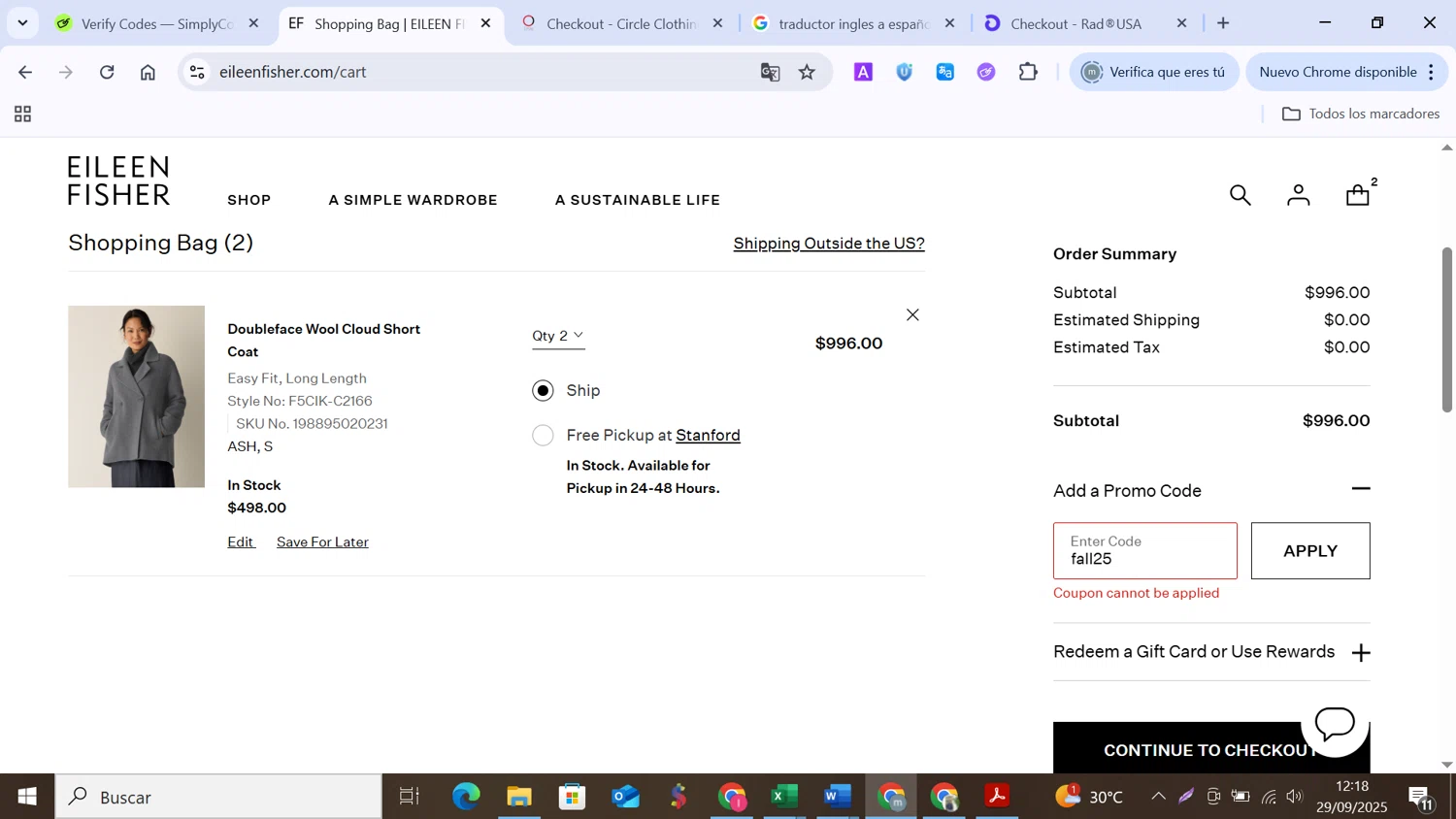 Eileen Fisher promo code screenshot showing code fall25 applied at Eileen Fisher checkout page. Uploaded by SimplyCodes community member MANUELURBINA on Sep 29, 2025