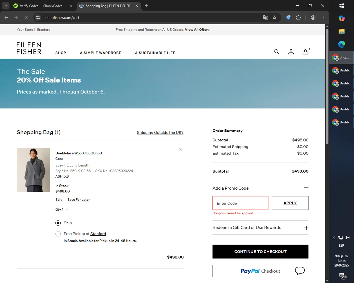 Eileen Fisher promo code screenshot showing code fall25 applied at Eileen Fisher checkout page. Uploaded by SimplyCodes community member RebateCaptain6440 on Sep 29, 2025