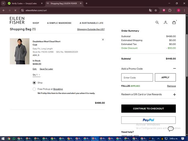 Eileen Fisher checkout page showing Eileen Fisher promo code box | Screenshot taken by SimplyCodes community member on Sep 18, 2025