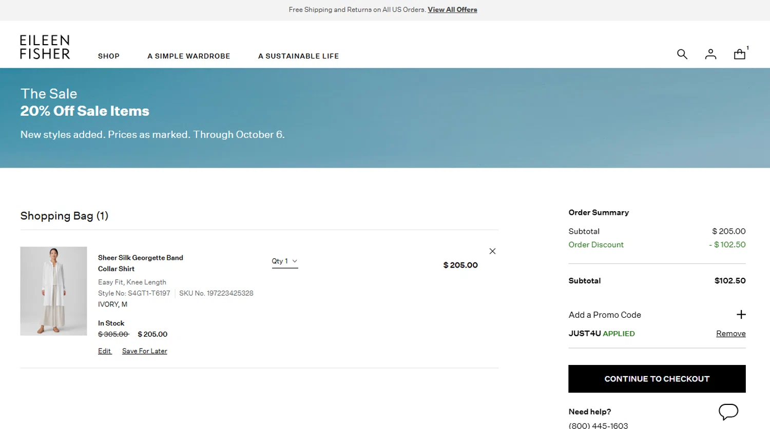 Eileen Fisher promo code screenshot showing code JUST4U applied at Eileen Fisher checkout page. Uploaded by SimplyCodes community member reimalave10 on Sep 12, 2025