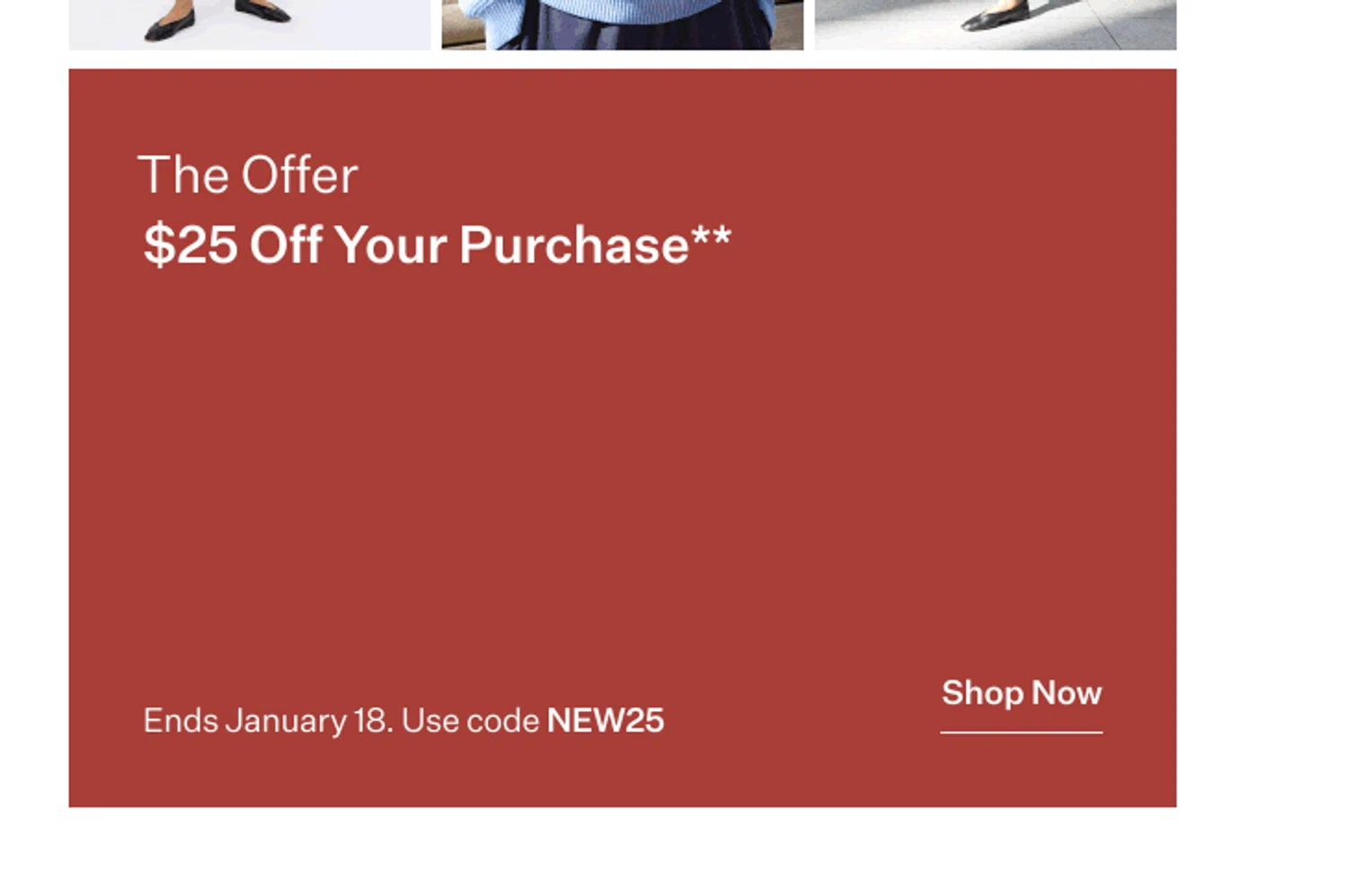 Eileen Fisher promo code screenshot showing code NEW25 applied at Eileen Fisher checkout page. Uploaded by SimplyCodes community member valeriaantonieta on Jan 14, 2026