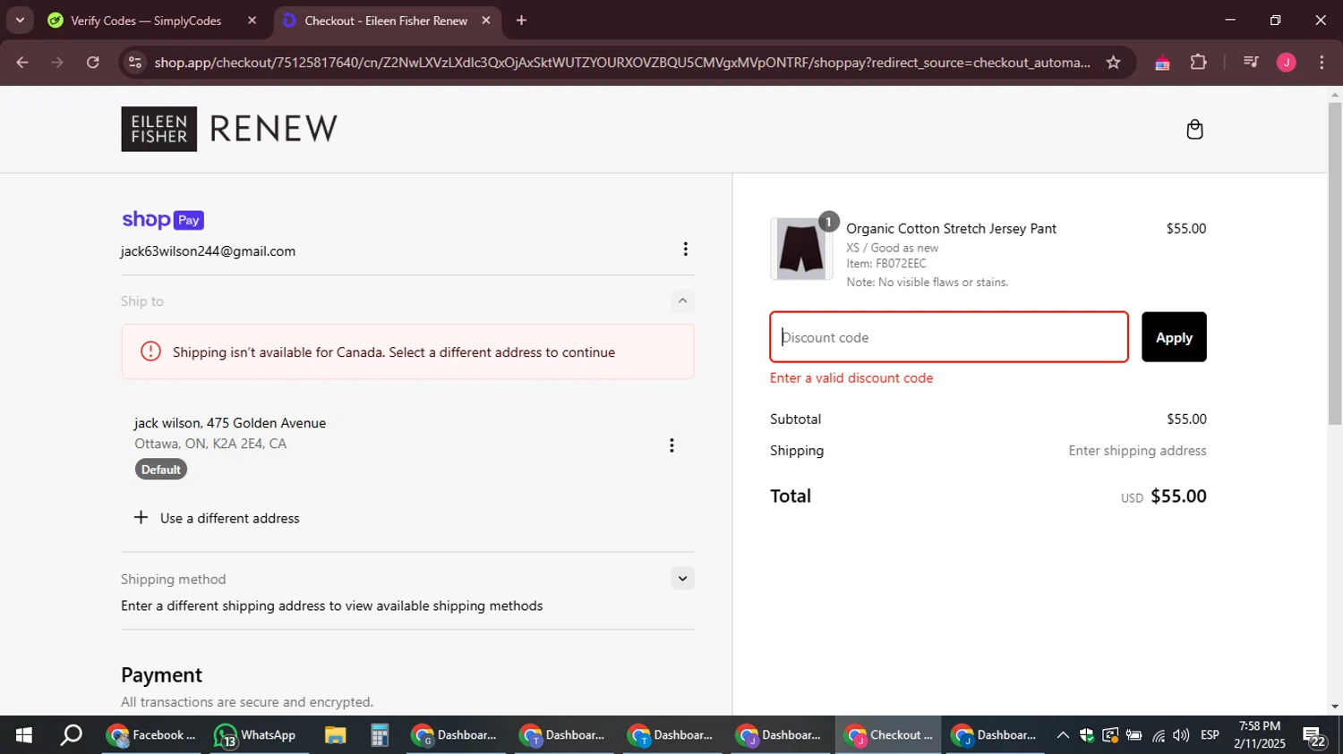 Eileen Fisher Renew promo code screenshot showing code Renew29 applied at Eileen Fisher Renew checkout page. Uploaded by SimplyCodes community member JackWilson63 on Feb 11, 2025