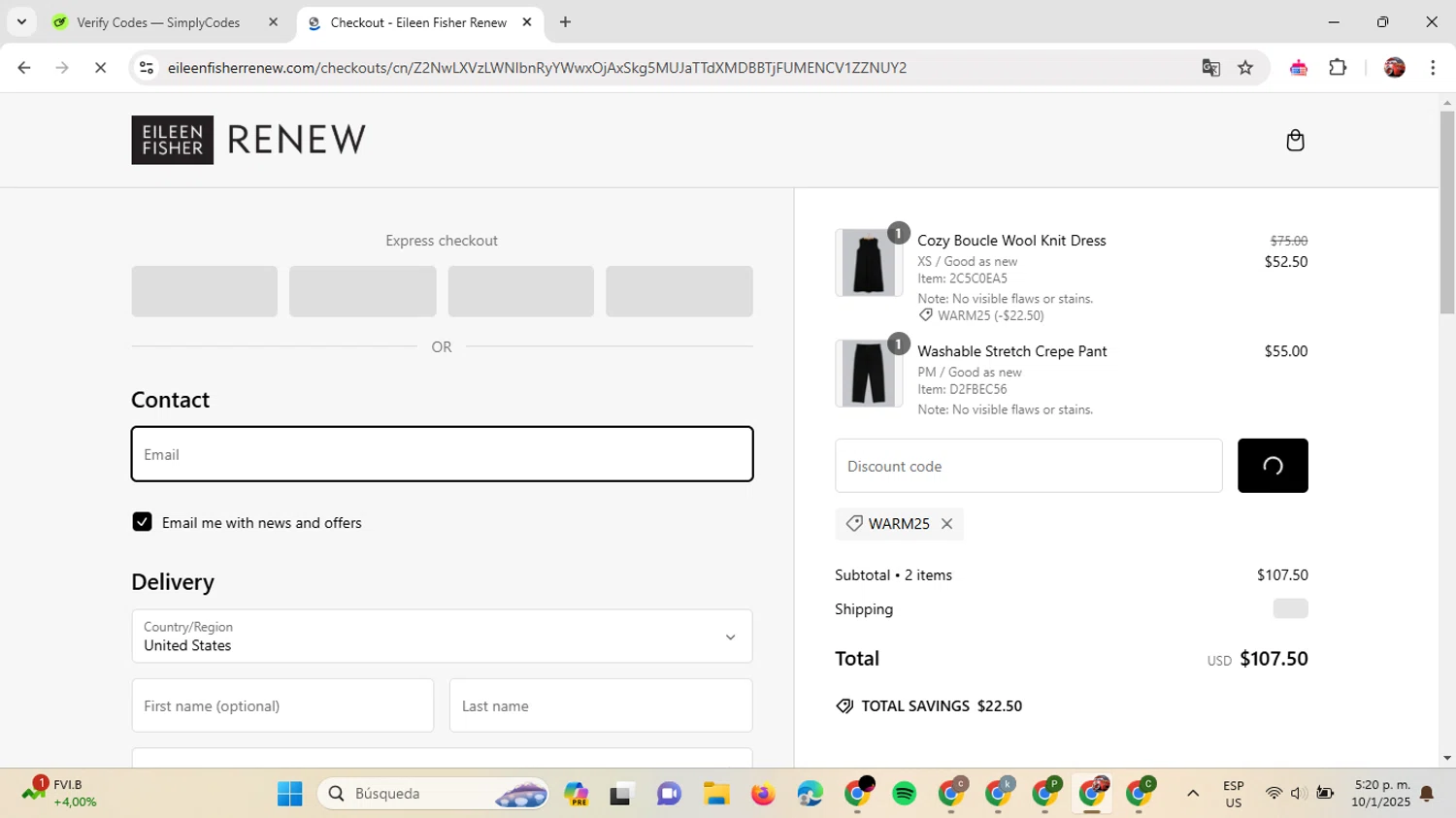 Eileen Fisher Renew promo code screenshot showing code warm25 applied at Eileen Fisher Renew checkout page. Uploaded by SimplyCodes community member GloriousDefender7889 on Jan 10, 2025