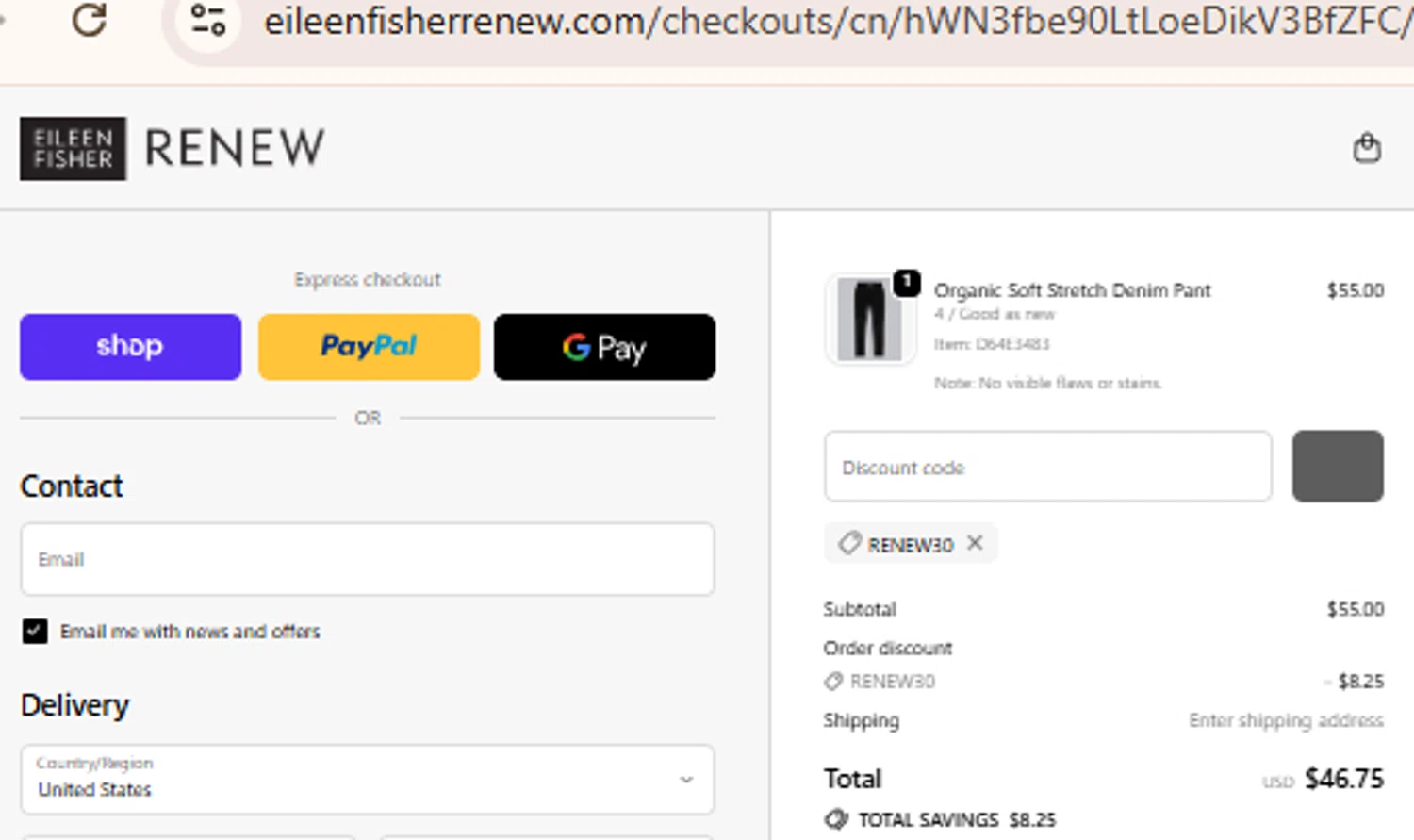 Eileen Fisher Renew promo code screenshot showing code RENEW30 applied at Eileen Fisher Renew checkout page. Uploaded by SimplyCodes community member BudgetLion5814 on Oct 3, 2025