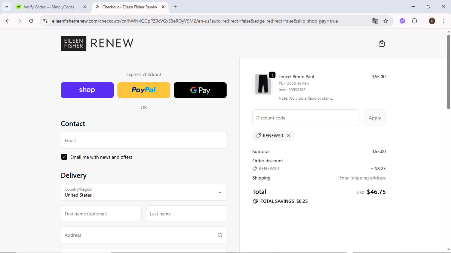 Eileen Fisher Renew promo code screenshot showing code RENEW30 applied at Eileen Fisher Renew checkout page. Uploaded by SimplyCodes community member MoneyPilot9634 on Oct 22, 2025