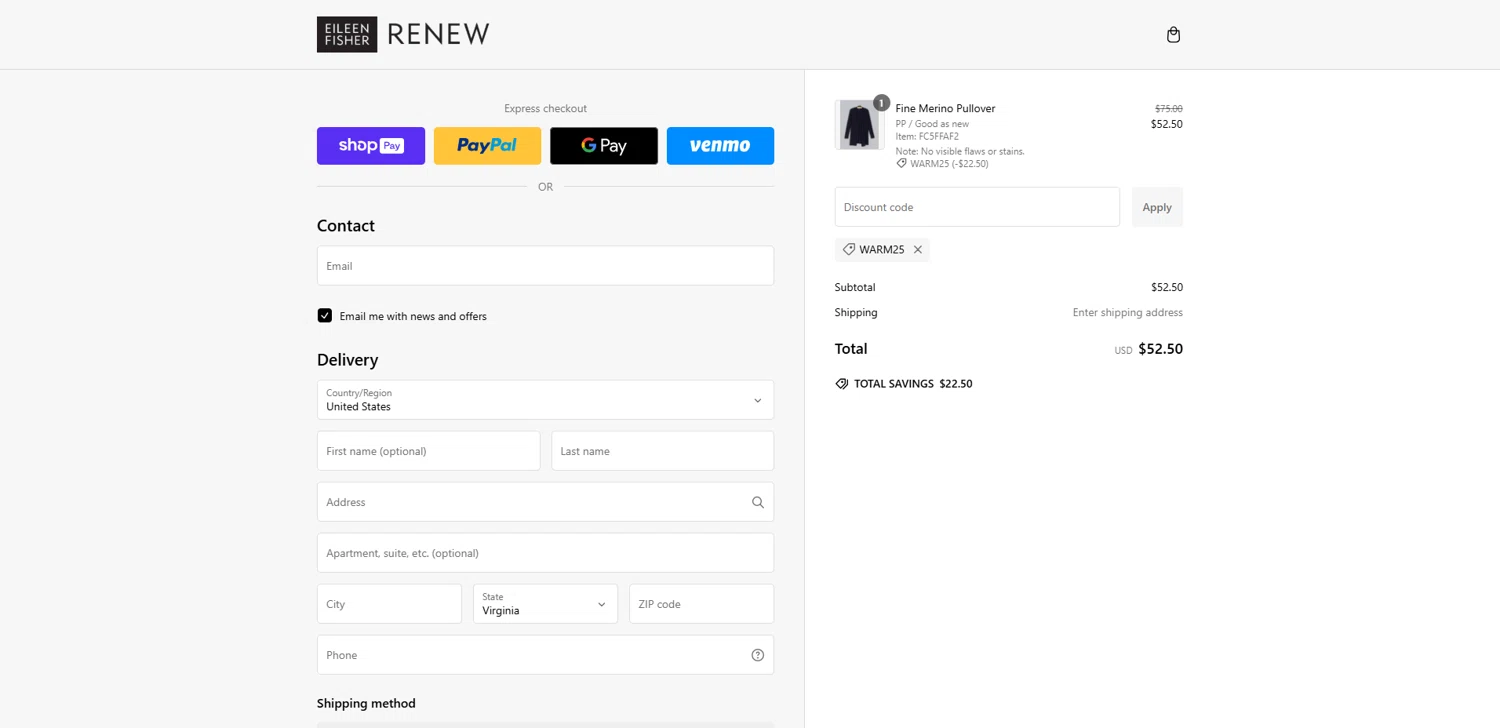 Eileen Fisher Renew promo code screenshot showing code warm25 applied at Eileen Fisher Renew checkout page. Uploaded by SimplyCodes community member Dorothy on Jan 10, 2025