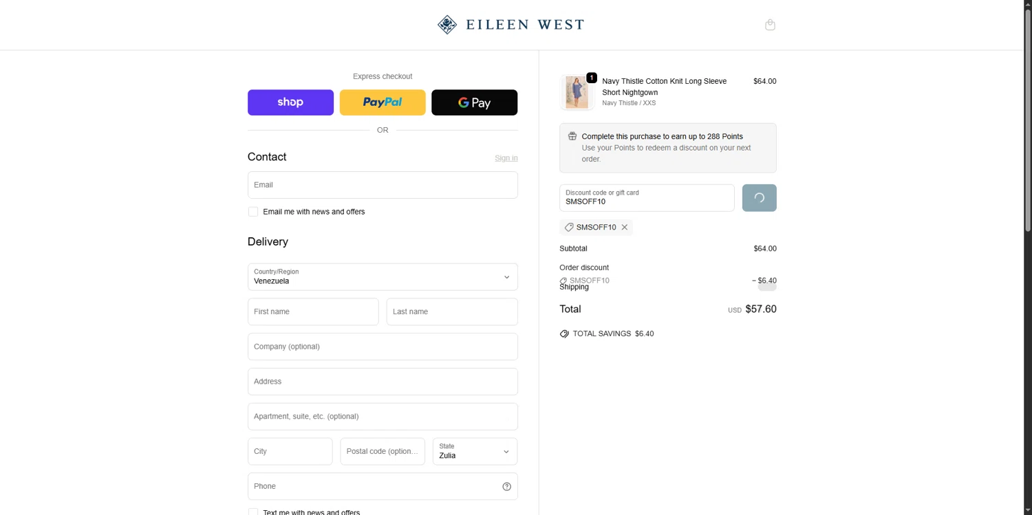 Eileen West coupon code screenshot showing code SMSOFF10 applied at Eileen West checkout page. Uploaded by SimplyCodes community member LazarAngelooo on Oct 1, 2025