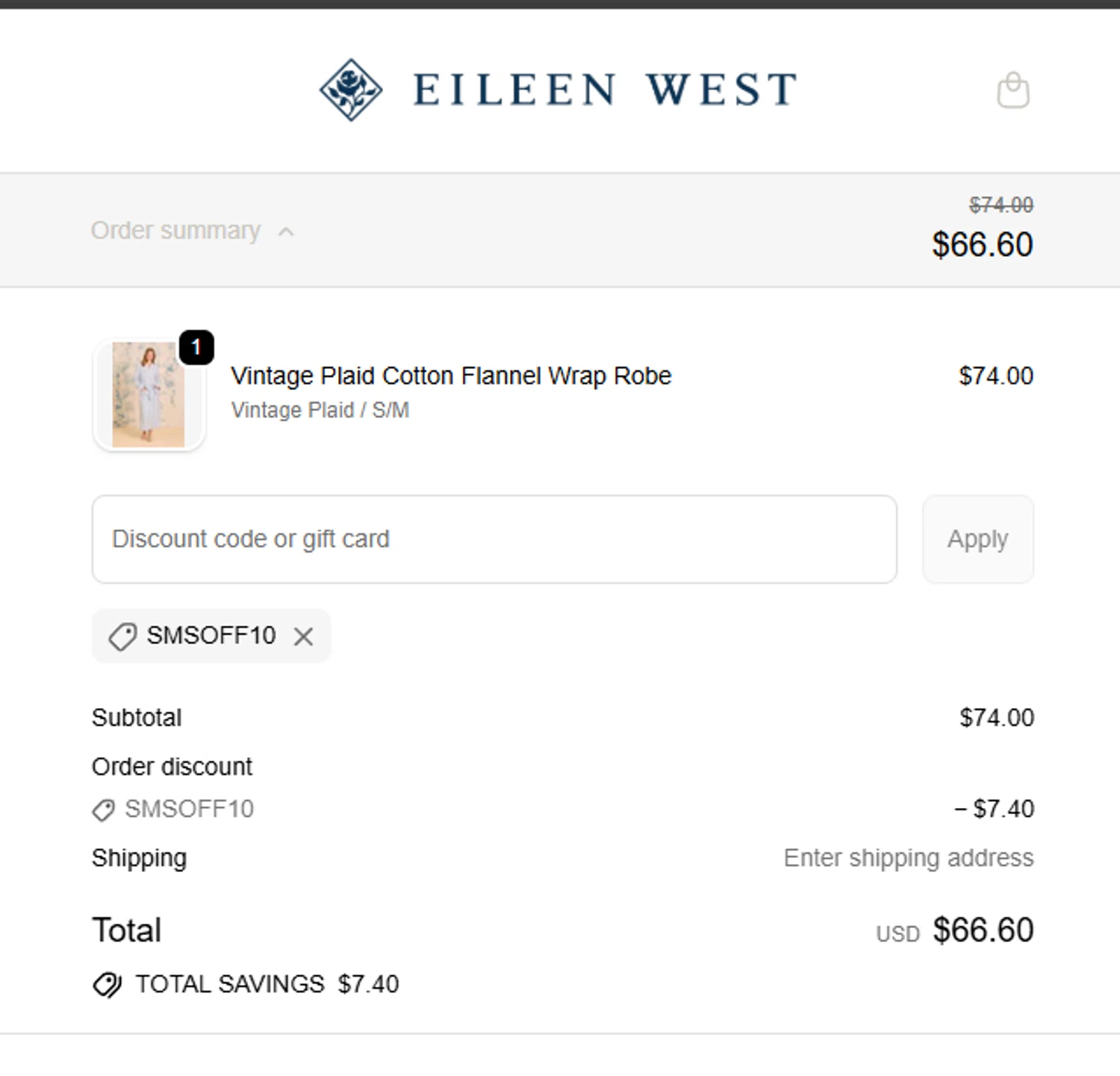 Eileen West coupon code screenshot showing code SMSOFF10 applied at Eileen West checkout page. Uploaded by SimplyCodes community member cuticula on Oct 20, 2025