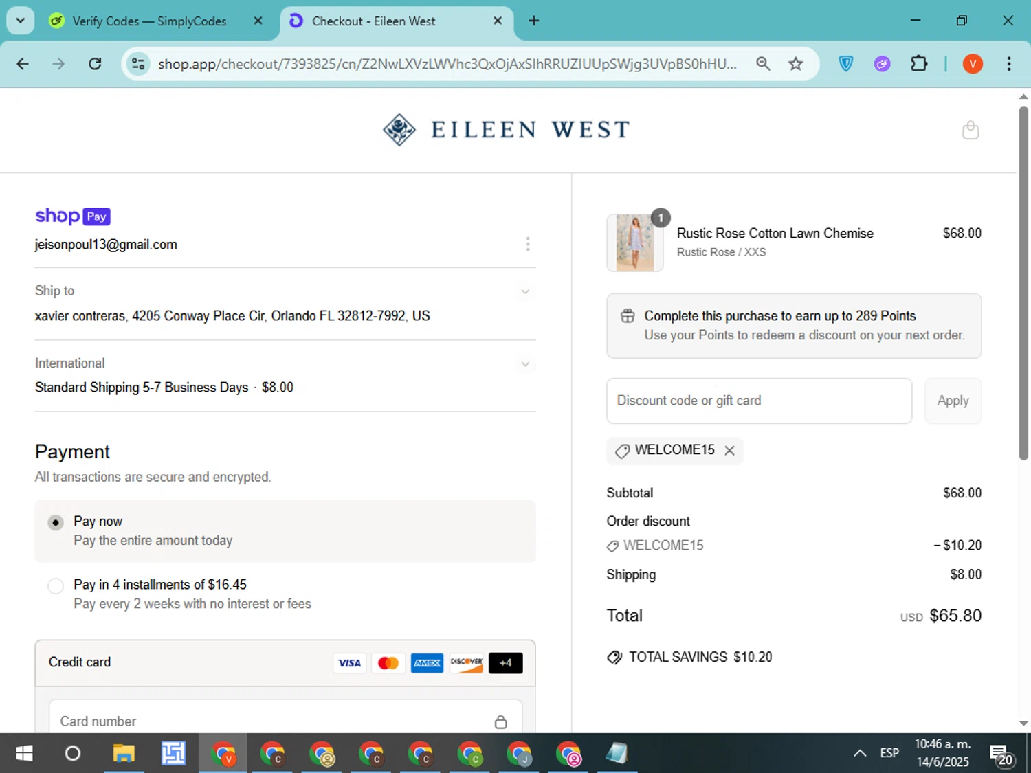Eileen West coupon code screenshot showing code WELCOME15 applied at Eileen West checkout page. Uploaded by SimplyCodes community member CodeMonarch8148 on Jun 14, 2025