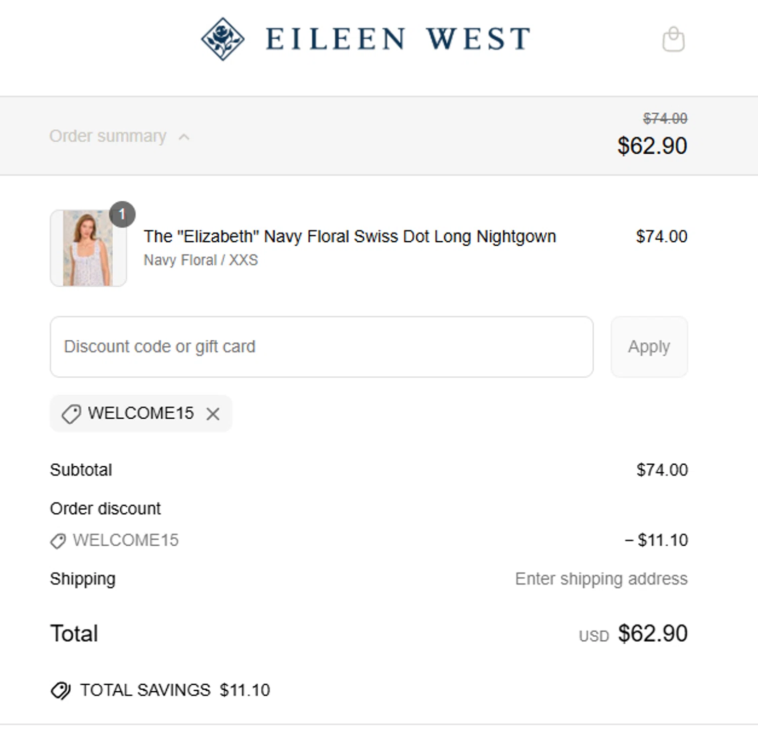 Eileen West coupon code screenshot showing code WELCOME15 applied at Eileen West checkout page. Uploaded by SimplyCodes community member cuticula on May 20, 2025