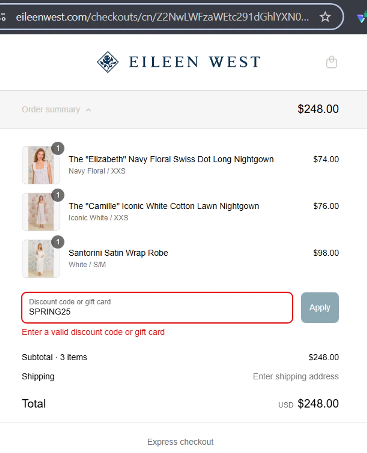 Eileen West coupon code screenshot showing code SPRING25 applied at Eileen West checkout page. Uploaded by SimplyCodes community member RafaLB on Jun 3, 2025