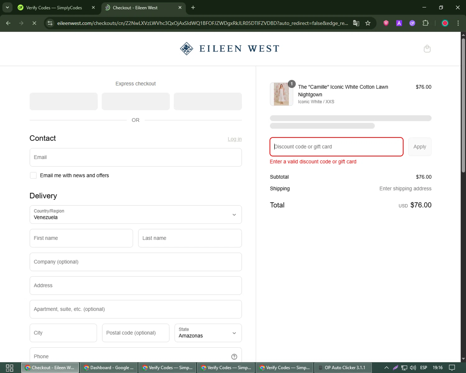 Eileen West coupon code screenshot showing code SPRING25 applied at Eileen West checkout page. Uploaded by SimplyCodes community member james_smith on Jun 3, 2025