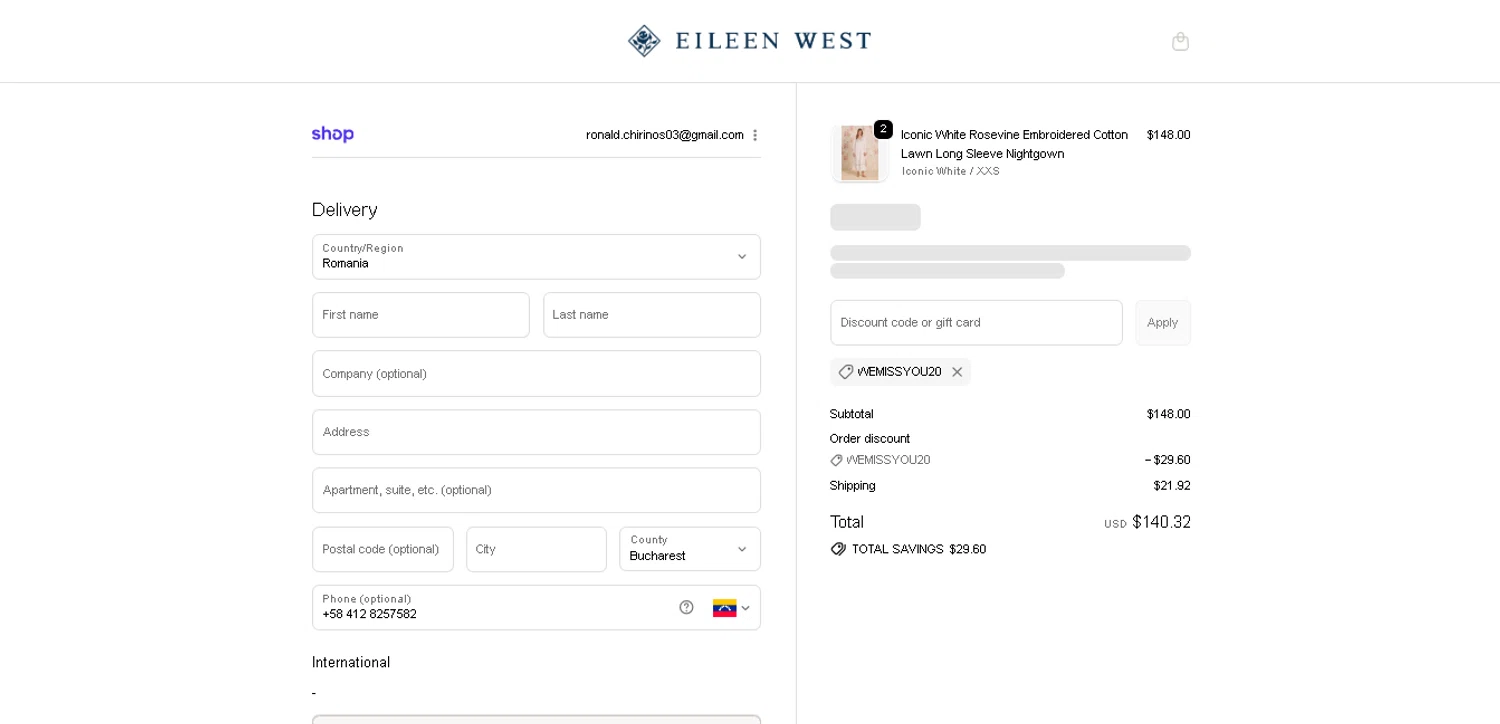 Eileen West checkout page showing Eileen West coupon code box | Screenshot taken by SimplyCodes community member on Dec 9, 2025