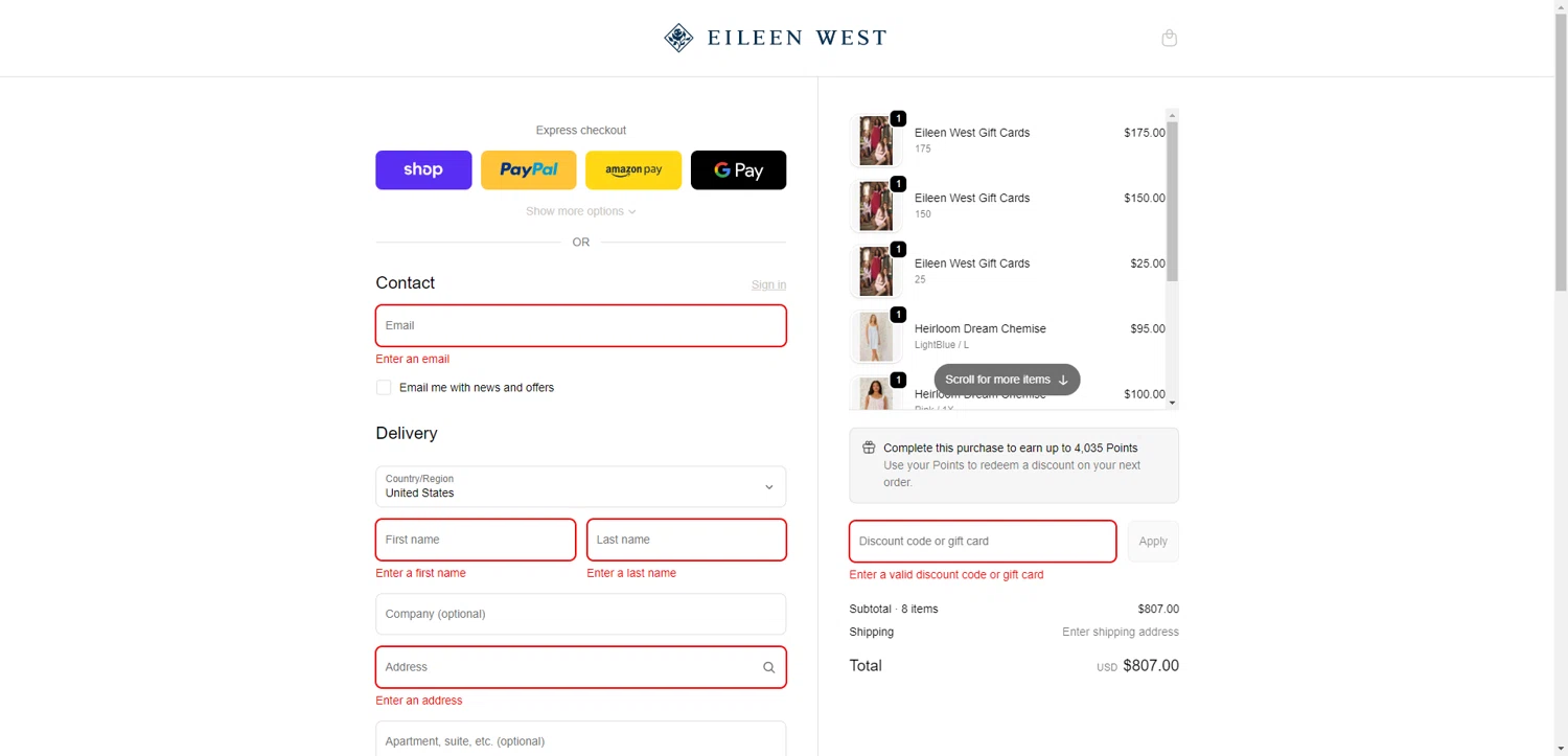 Eileen West coupon code screenshot showing code WEMISSYOU20 applied at Eileen West checkout page. Uploaded by SimplyCodes community member TreasureKnight4134 on Dec 20, 2025