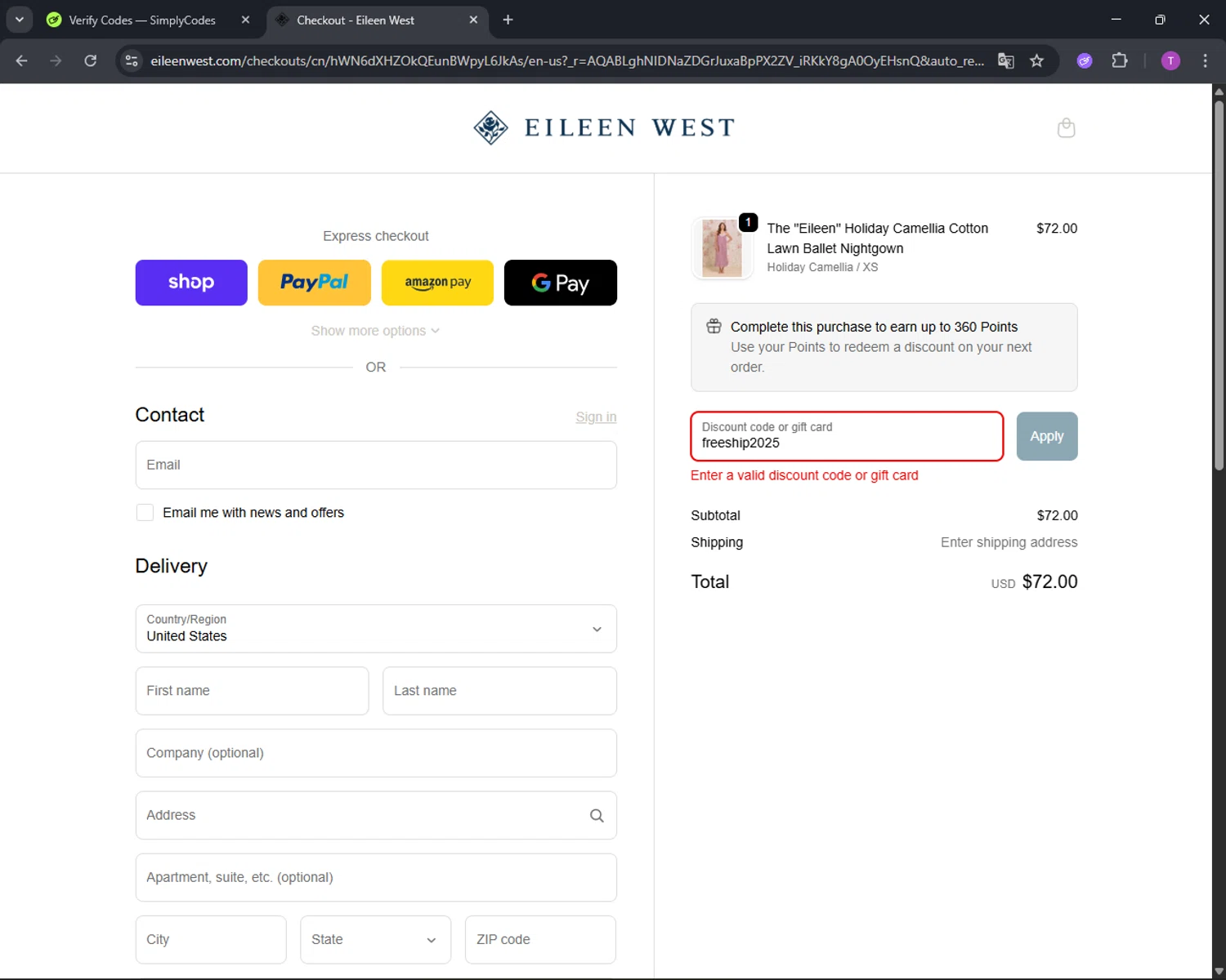 Eileen West coupon code screenshot showing code freeship2025 applied at Eileen West checkout page. Uploaded by SimplyCodes community member CleverFinder9623 on Dec 20, 2025