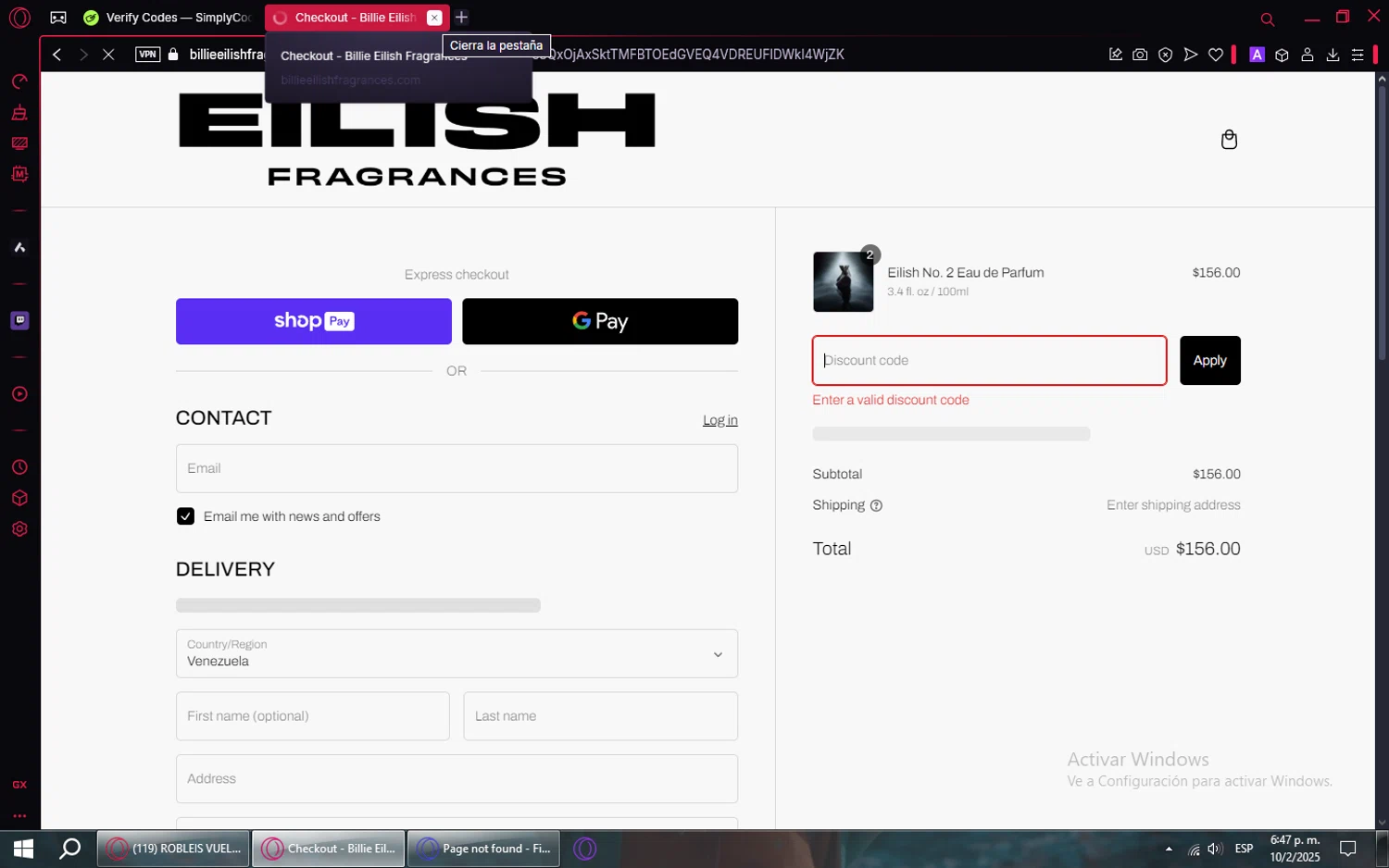 Billie Eilish Fragrances discount code screenshot showing code HOLIDAY applied at Billie Eilish Fragrances checkout page. Uploaded by SimplyCodes community member TreasureVoyager1860 on Feb 10, 2025