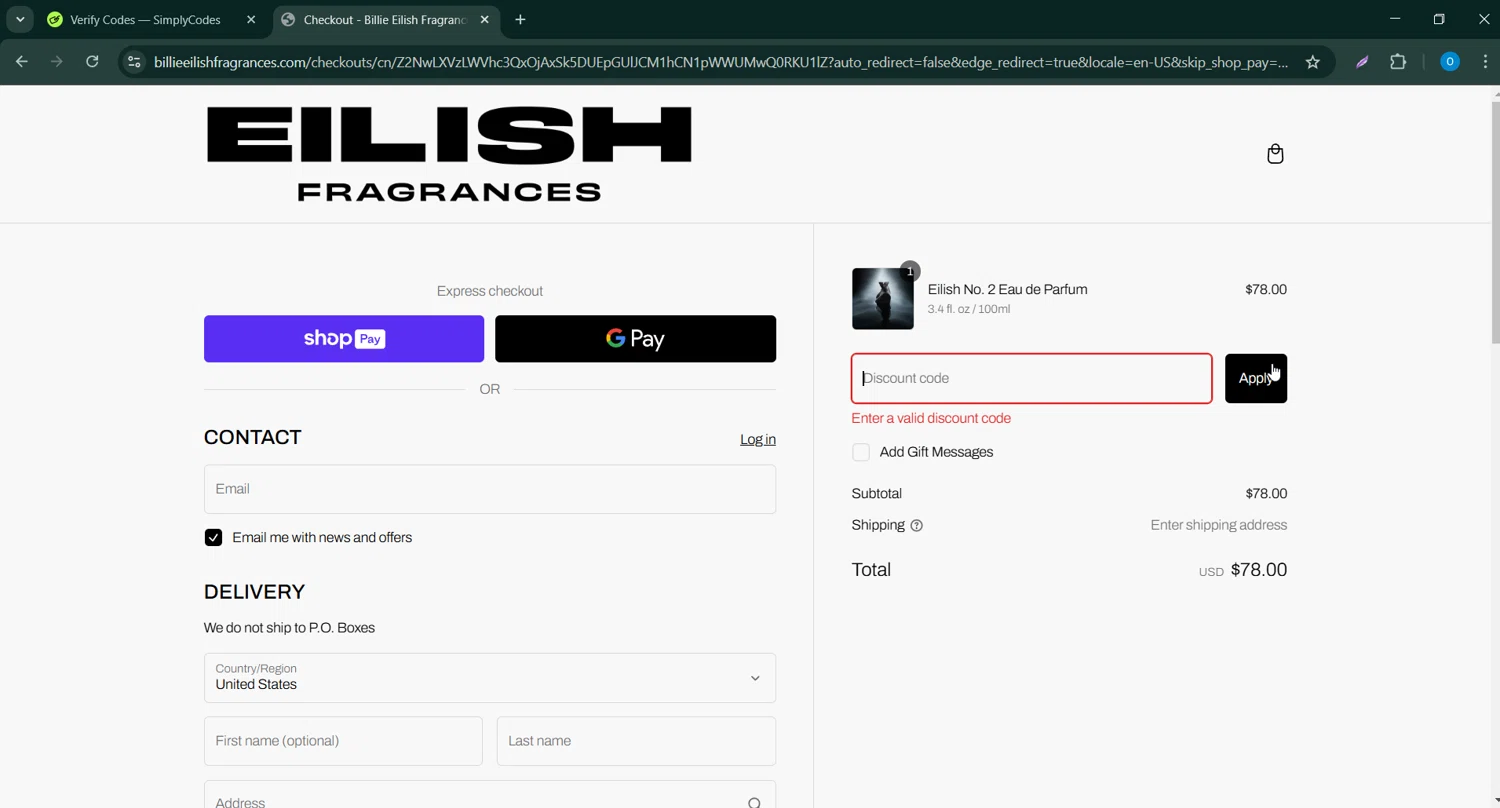 Billie Eilish Fragrances discount code screenshot showing code HOLIDAY applied at Billie Eilish Fragrances checkout page. Uploaded by SimplyCodes community member GoldChaser6627 on Mar 3, 2025