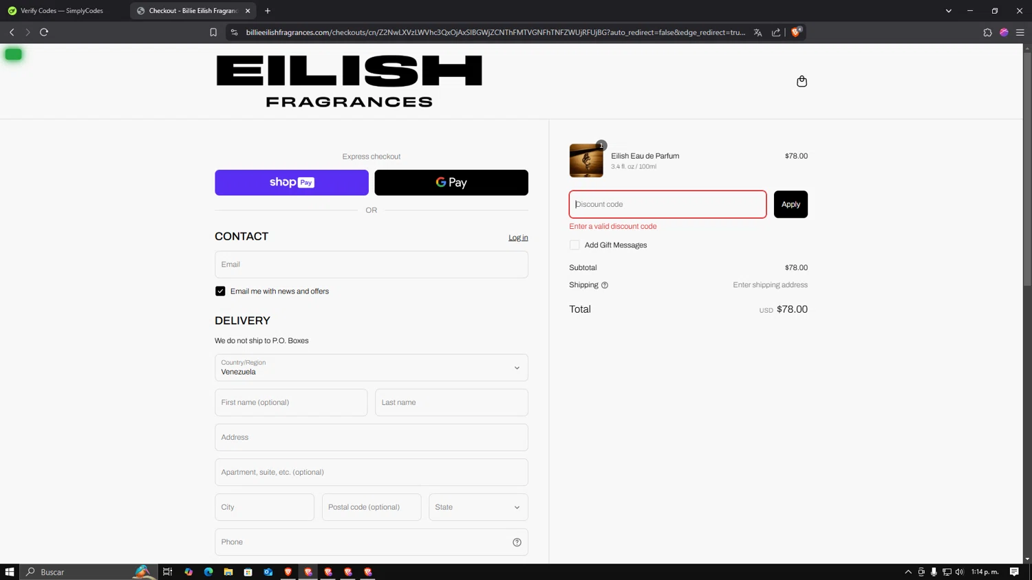 Billie Eilish Fragrances discount code screenshot showing code tote applied at Billie Eilish Fragrances checkout page. Uploaded by SimplyCodes community member 000000ooooooooooo on Mar 16, 2025