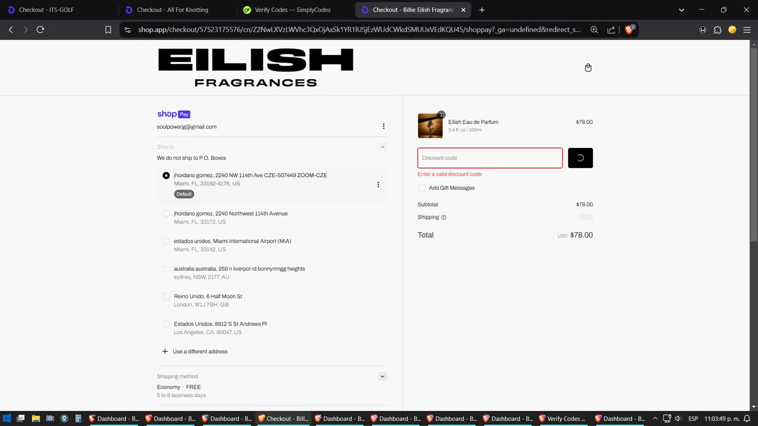 Billie Eilish Fragrances discount code screenshot showing code tote applied at Billie Eilish Fragrances checkout page. Uploaded by SimplyCodes community member ZoilaPerrita on Feb 25, 2025
