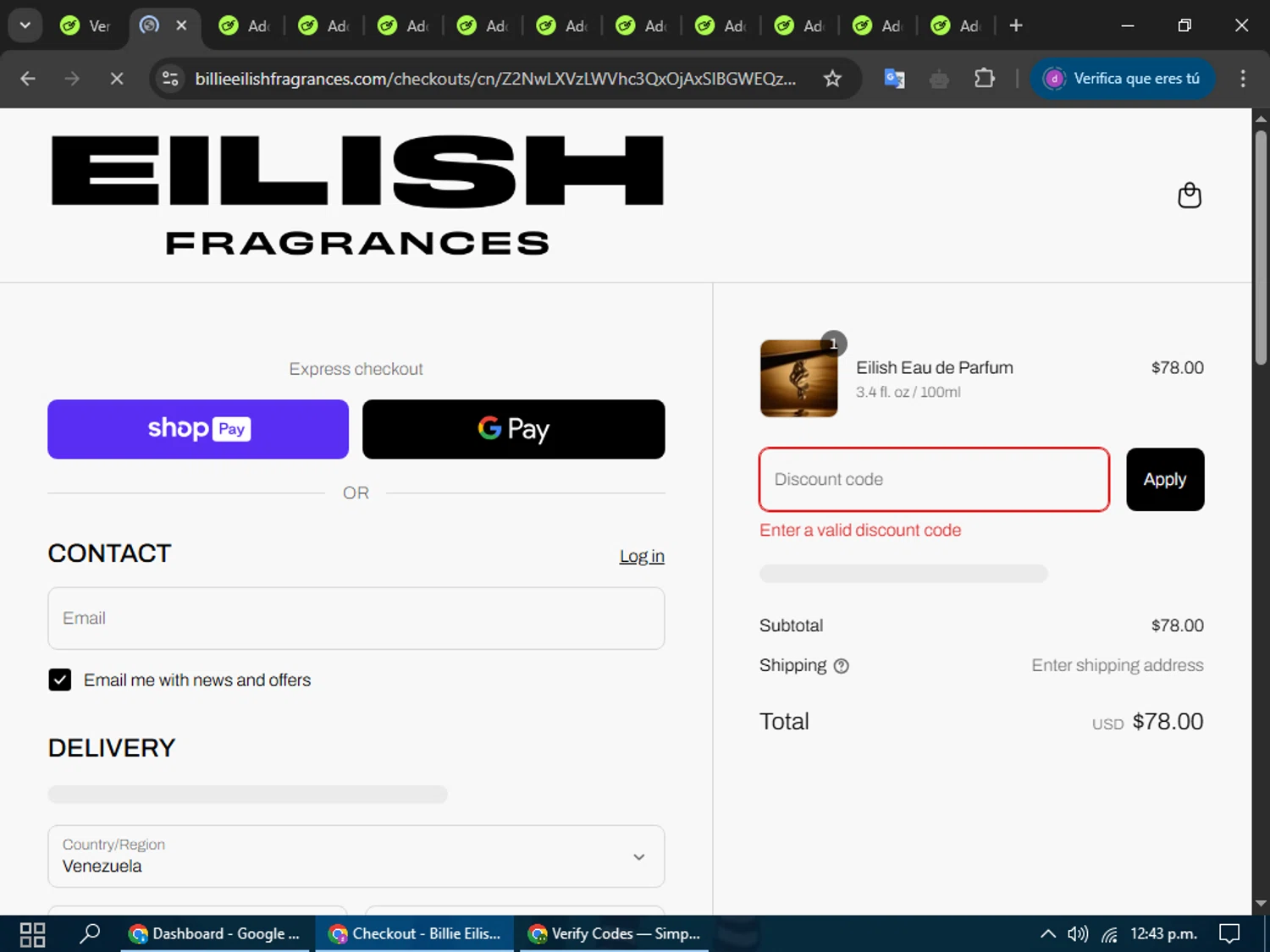 Billie Eilish Fragrances discount code screenshot showing code tote applied at Billie Eilish Fragrances checkout page. Uploaded by SimplyCodes community member my_melody on Mar 16, 2025