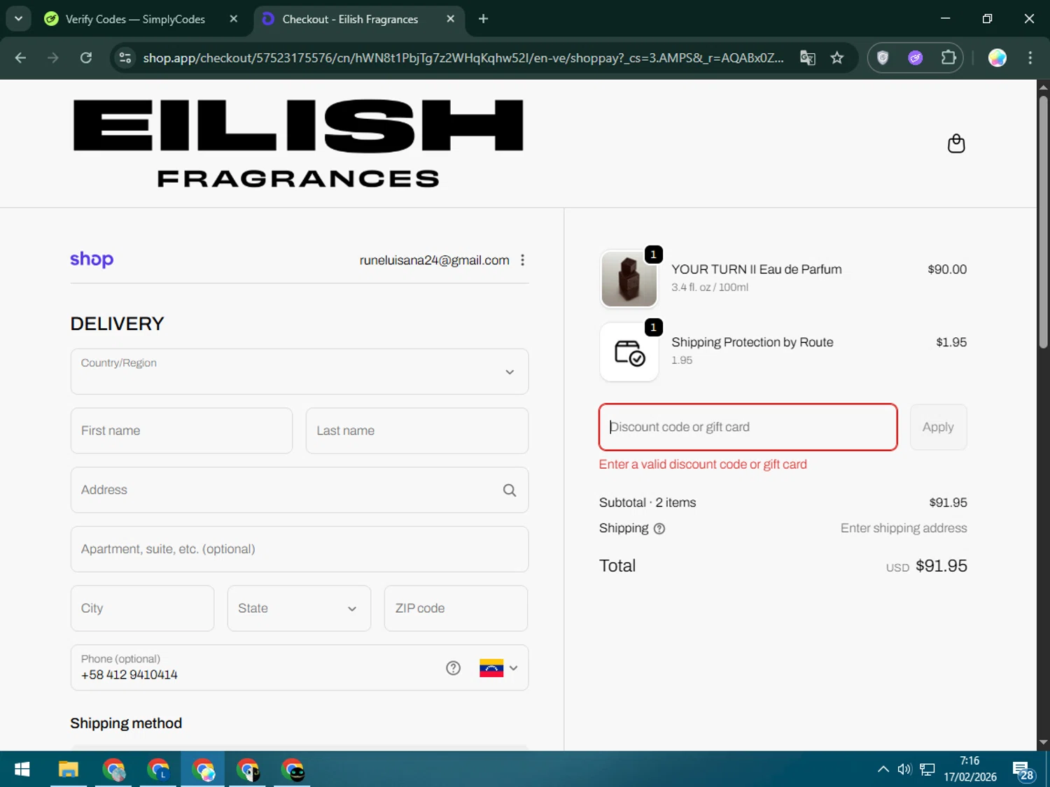 Billie Eilish Fragrances discount code screenshot showing code ANNIVERSARY applied at Billie Eilish Fragrances checkout page. Uploaded by SimplyCodes community member Estrellitacoairis on Feb 17, 2026