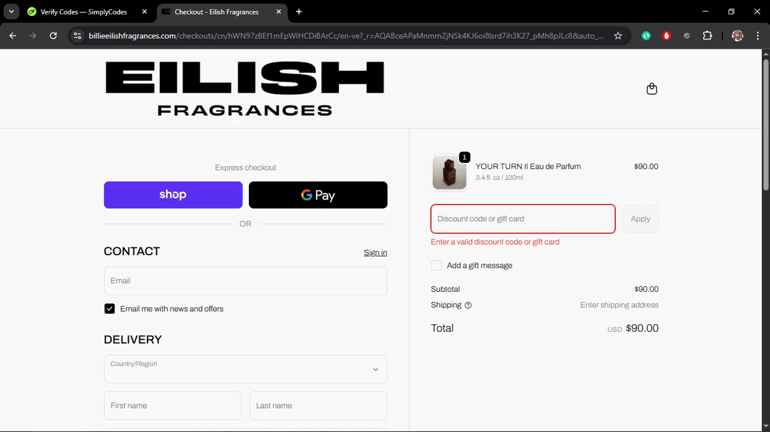 Billie Eilish Fragrances discount code screenshot showing code ANNIVERSARY applied at Billie Eilish Fragrances checkout page. Uploaded by SimplyCodes community member Juliet on Feb 23, 2026